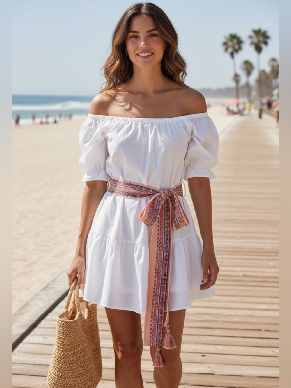 New Pitusa Elena Mini Dress Off Shoulder Puff Sleeve Pima Cotton Beach Summer